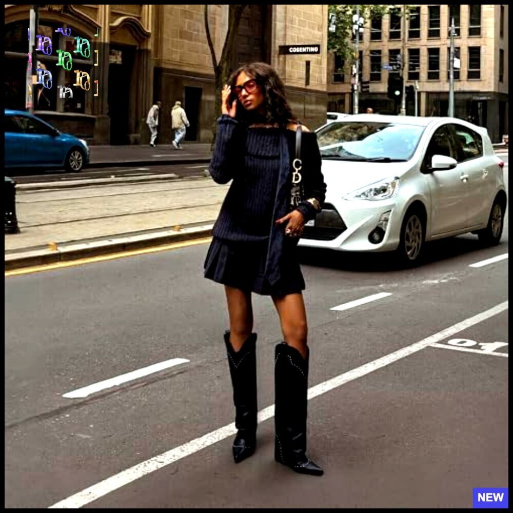 Studded Fold Over Knee High Boots Snip Toe Cowboy Slouch Dress - Picture 3 of 7